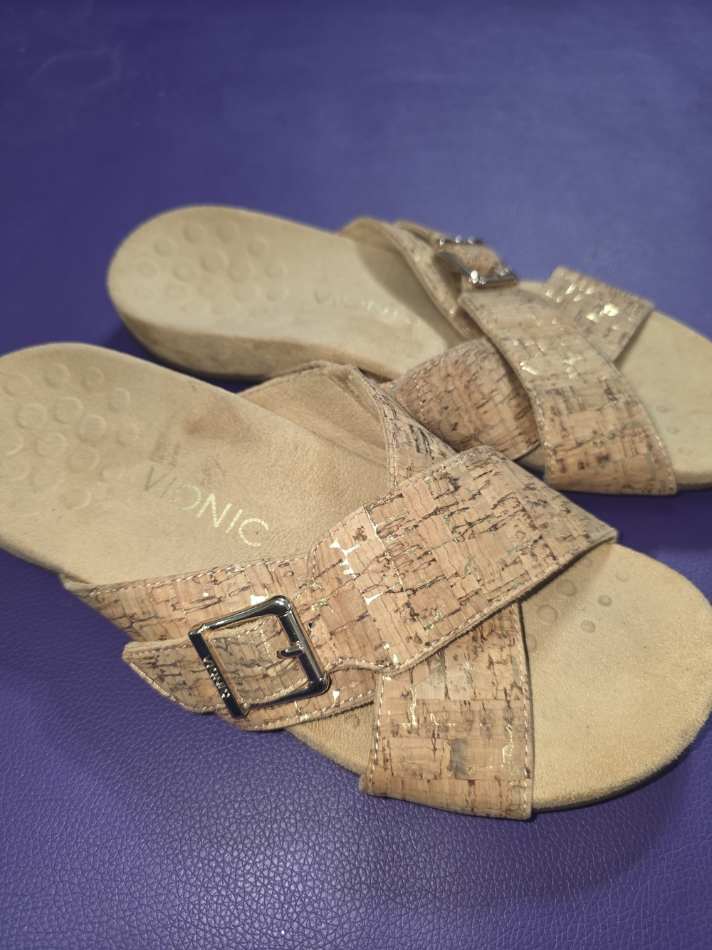 Vionic Cork-Texture Crisscross Slide Sandals in Light Brown - Picture 2 of 4